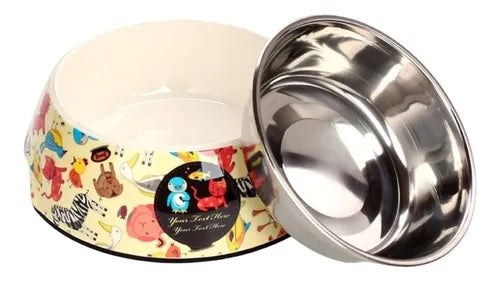 Comedero Plato Perro Gato 2en1 Melamina Acero Inox.
